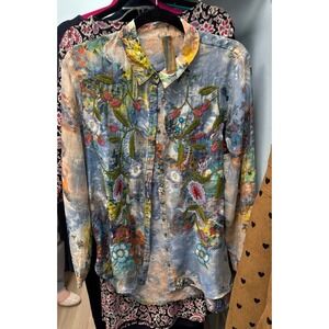 Aratta Silent Journey Floral Embroidered Button Down Shirt Blue ED24G34 women L